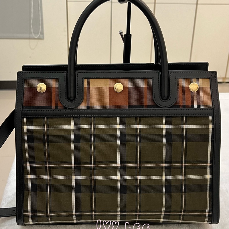 Burberry 綠色帆布皮革雙提手格紋手提包 斜背包 肩背包 棕色 黑色 8035823 正品 二手精品-1