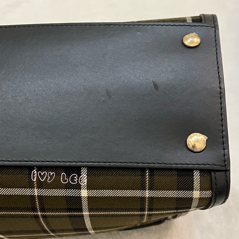 Burberry 綠色帆布皮革雙提手格紋手提包 斜背包 肩背包 棕色 黑色 8035823 正品 二手精品-35