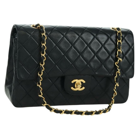 香奈兒 Matelasse 25 雙蓋鏈條包 羊皮 金色 黑色 CC Auth ARZ719SAV