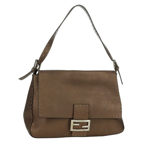 FENDI Mamma Baguette Selleria 單肩包 皮革 棕色 銀色 正品 ARZ697SAV