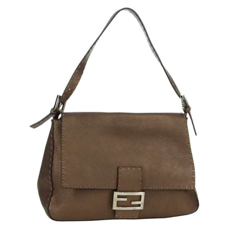 【日本直送】FENDI Mamma Baguette Selleria 單肩包 皮革 棕色 銀色 正品 ARZ697SAV-0