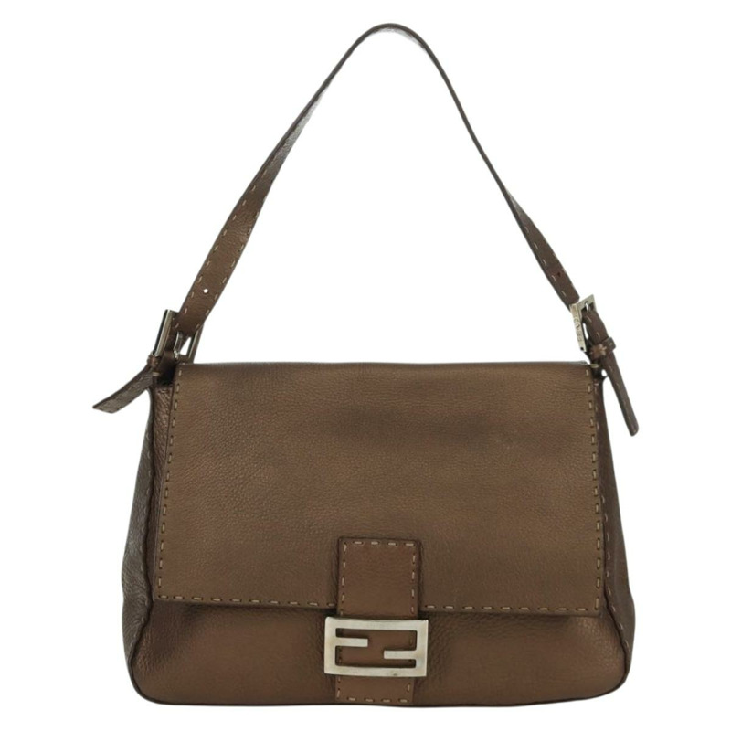 【日本直送】FENDI Mamma Baguette Selleria 單肩包 皮革 棕色 銀色 正品 ARZ697SAV-1