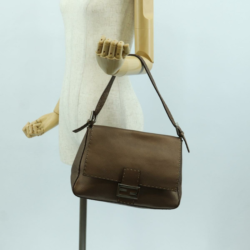 【日本直送】FENDI Mamma Baguette Selleria 單肩包 皮革 棕色 銀色 正品 ARZ697SAV-20