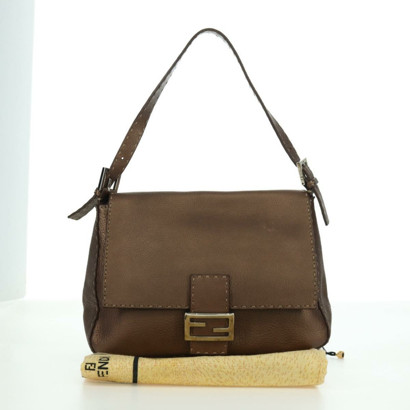 【日本直送】FENDI Mamma Baguette Selleria 單肩包 皮革 棕色 銀色 正品 ARZ697SAV-21