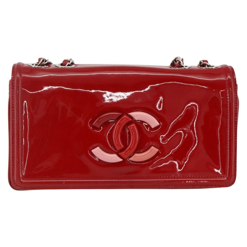 【日本直送】香奈兒 (CHANEL) 漆皮鏈肩背包 紅色 銀色 CC 標誌 正品 ka3072V-1