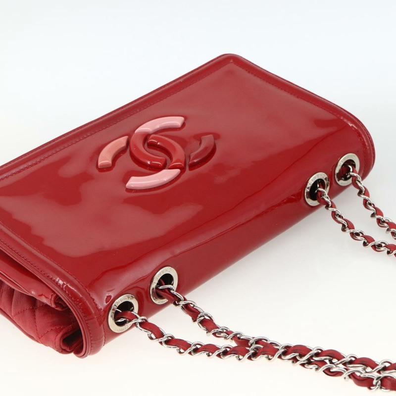 【日本直送】香奈兒 (CHANEL) 漆皮鏈肩背包 紅色 銀色 CC 標誌 正品 ka3072V-5