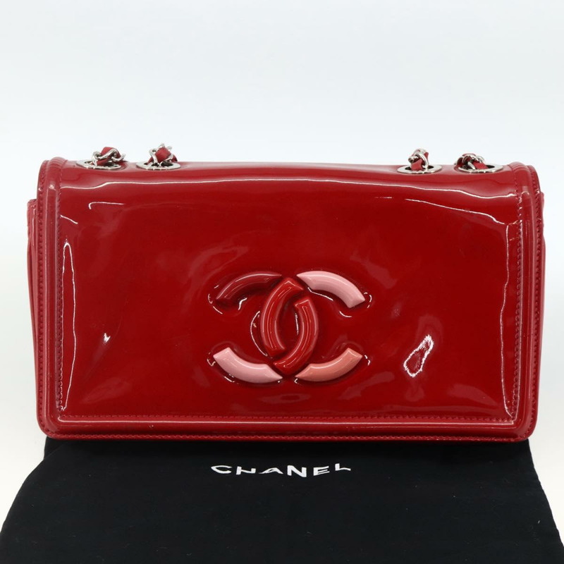 【日本直送】香奈兒 (CHANEL) 漆皮鏈肩背包 紅色 銀色 CC 標誌 正品 ka3072V-21