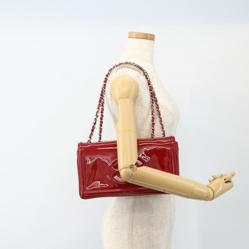 【日本直送】香奈兒 (CHANEL) 漆皮鏈肩背包 紅色 銀色 CC 標誌 正品 ka3072V-22