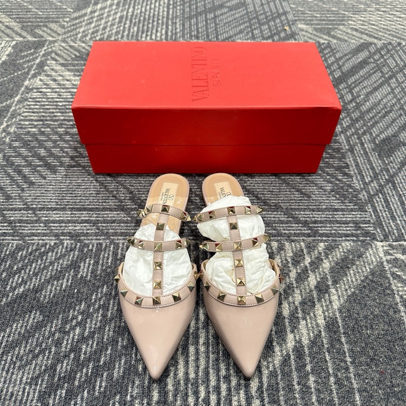 全新Valentino華倫天奴Rockstud漆皮穆勒平底鉚釘包頭拖鞋裸粉色 36.5碼-1
