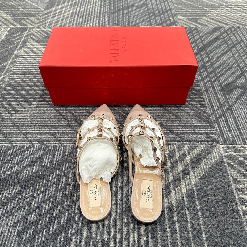 全新Valentino華倫天奴Rockstud漆皮穆勒平底鉚釘包頭拖鞋裸粉色 36.5碼-2