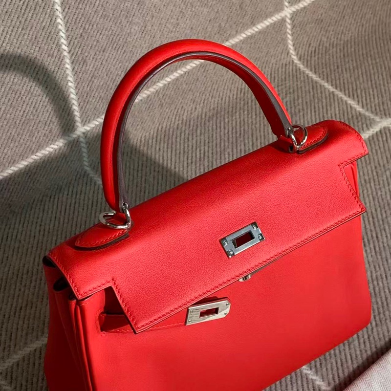Hermes愛馬仕Kelly25蕃茄紅swift皮紅色銀扣Y刻-8