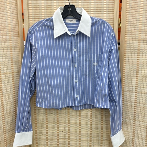 Celine藍色拼色胸前標誌刺繡條紋短長袖襯衫 38碼