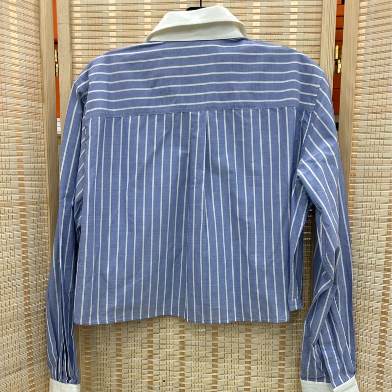 Celine藍色拼色胸前標誌刺繡條紋短長袖襯衫 38碼-1