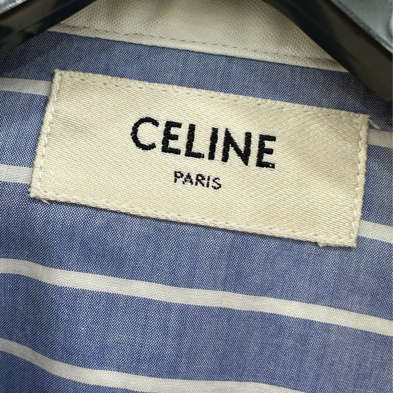 Celine藍色拼色胸前標誌刺繡條紋短長袖襯衫 38碼-2