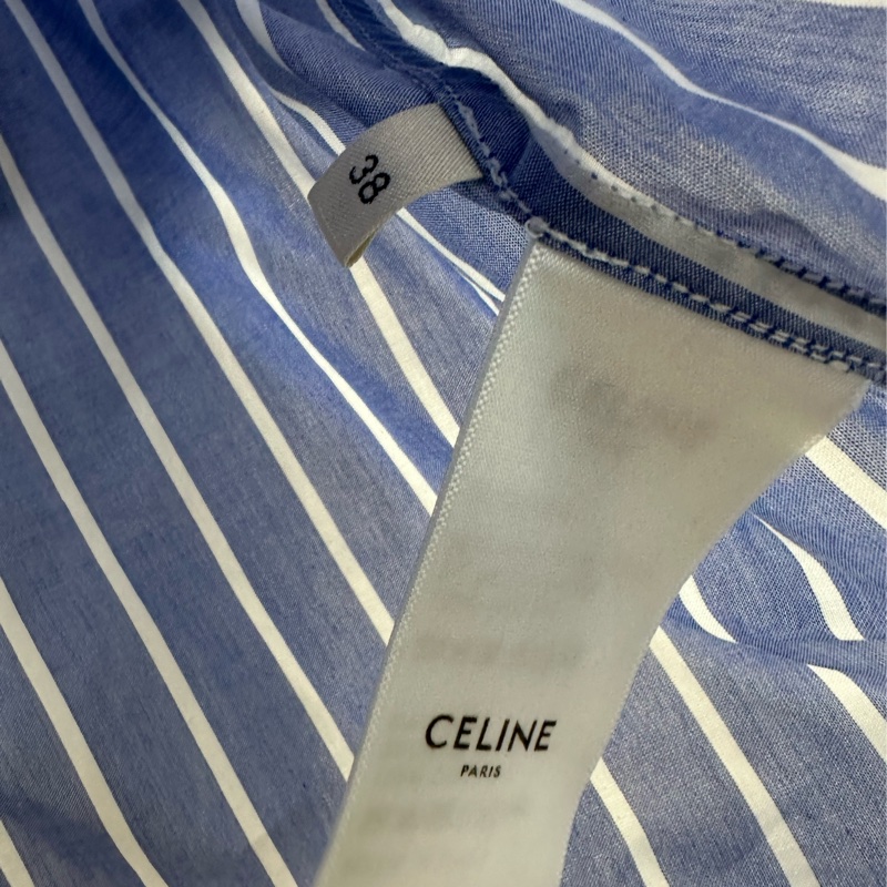 Celine藍色拼色胸前標誌刺繡條紋短長袖襯衫 38碼-3