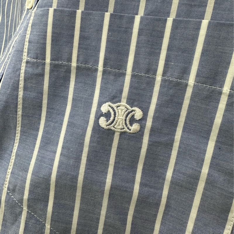 Celine藍色拼色胸前標誌刺繡條紋短長袖襯衫 38碼-4