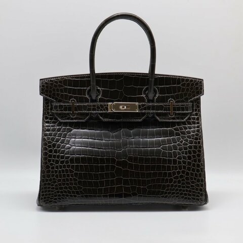 HERMES Birkin 30 亮面鱷魚皮 - 黑銀 🅁