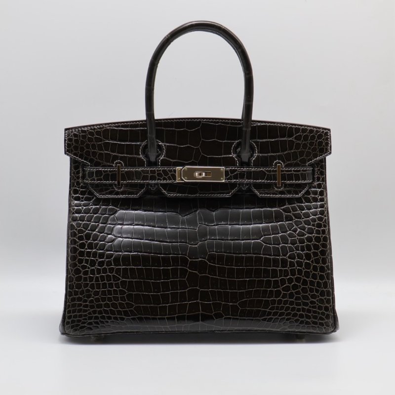 HERMES Birkin 30 亮面鱷魚皮 - 黑銀 🅁-0