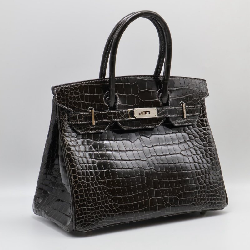 HERMES Birkin 30 亮面鱷魚皮 - 黑銀 🅁-1