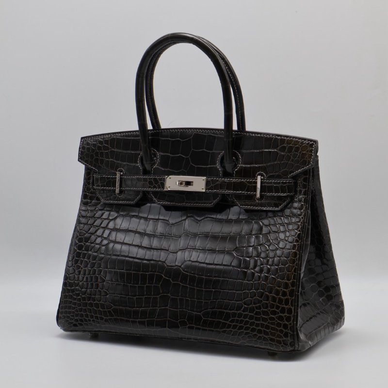 HERMES Birkin 30 亮面鱷魚皮 - 黑銀 🅁-2
