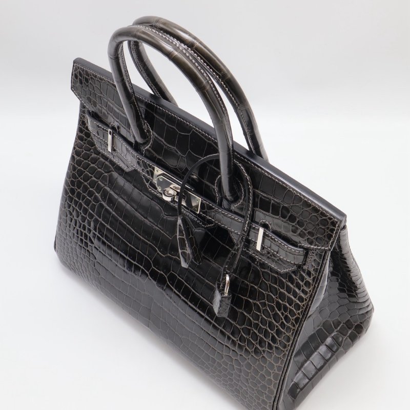 HERMES Birkin 30 亮面鱷魚皮 - 黑銀 🅁-4