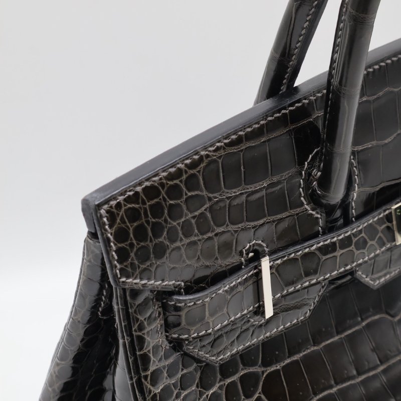 HERMES Birkin 30 亮面鱷魚皮 - 黑銀 🅁-5