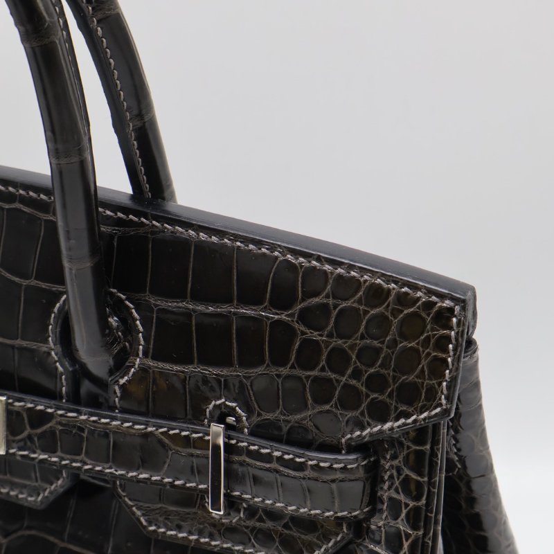 HERMES Birkin 30 亮面鱷魚皮 - 黑銀 🅁-6