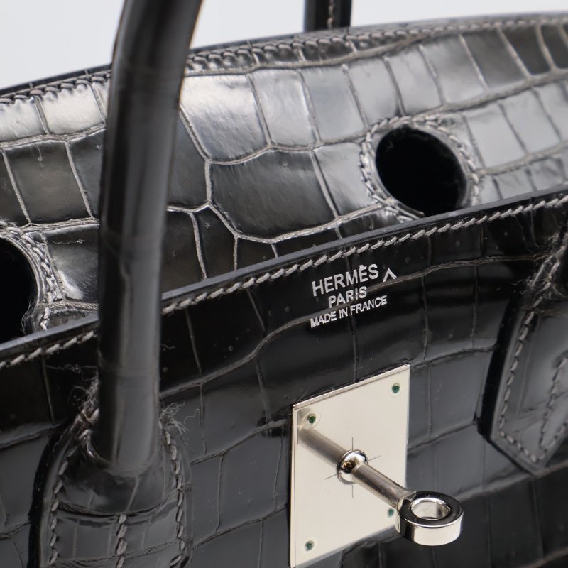 HERMES Birkin 30 亮面鱷魚皮 - 黑銀 🅁-9
