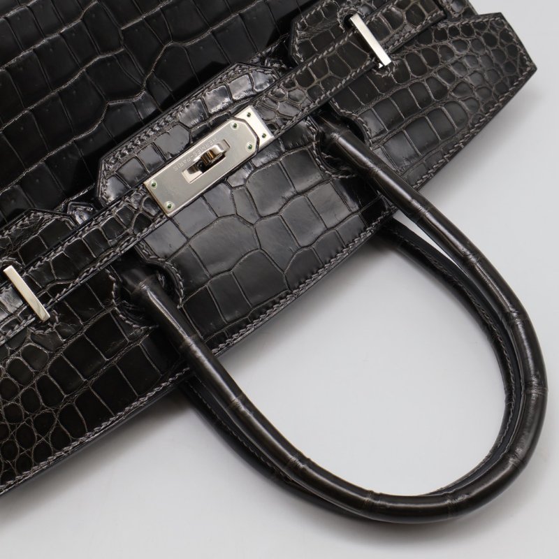 HERMES Birkin 30 亮面鱷魚皮 - 黑銀 🅁-11