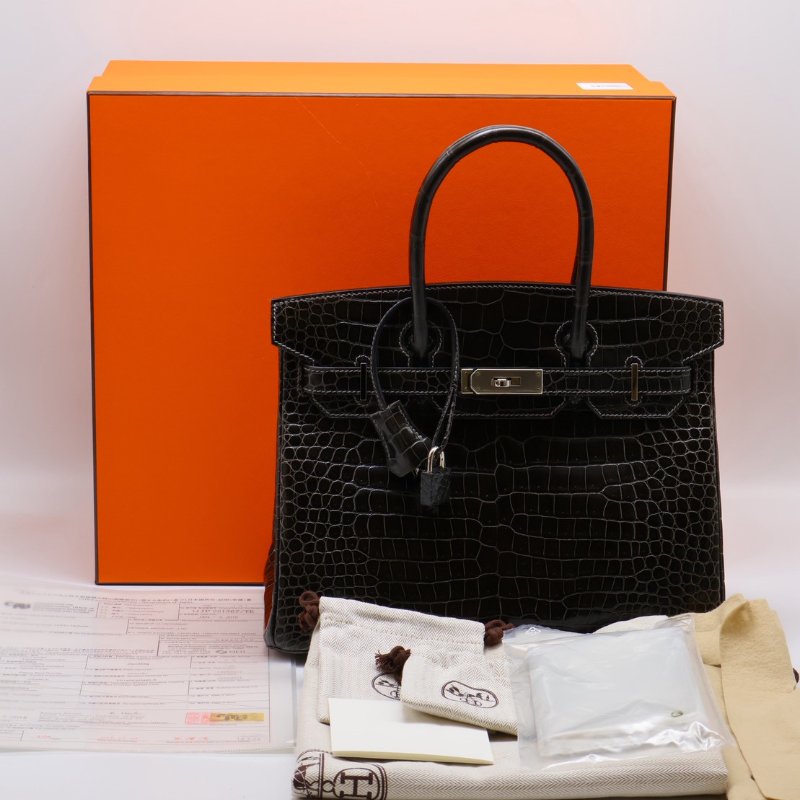 HERMES Birkin 30 亮面鱷魚皮 - 黑銀 🅁-20