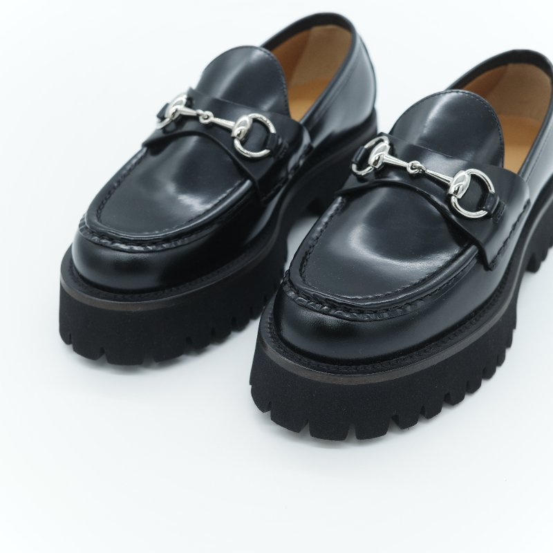 專櫃38,000（全新♥️閒置品）Gucci 古馳 Horsebit 黑色牛皮 銀色馬銜扣 鋸齒厚底樂福鞋 EU35-2