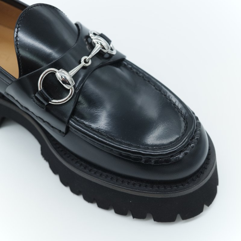 專櫃38,000（全新♥️閒置品）Gucci 古馳 Horsebit 黑色牛皮 銀色馬銜扣 鋸齒厚底樂福鞋 EU35-8
