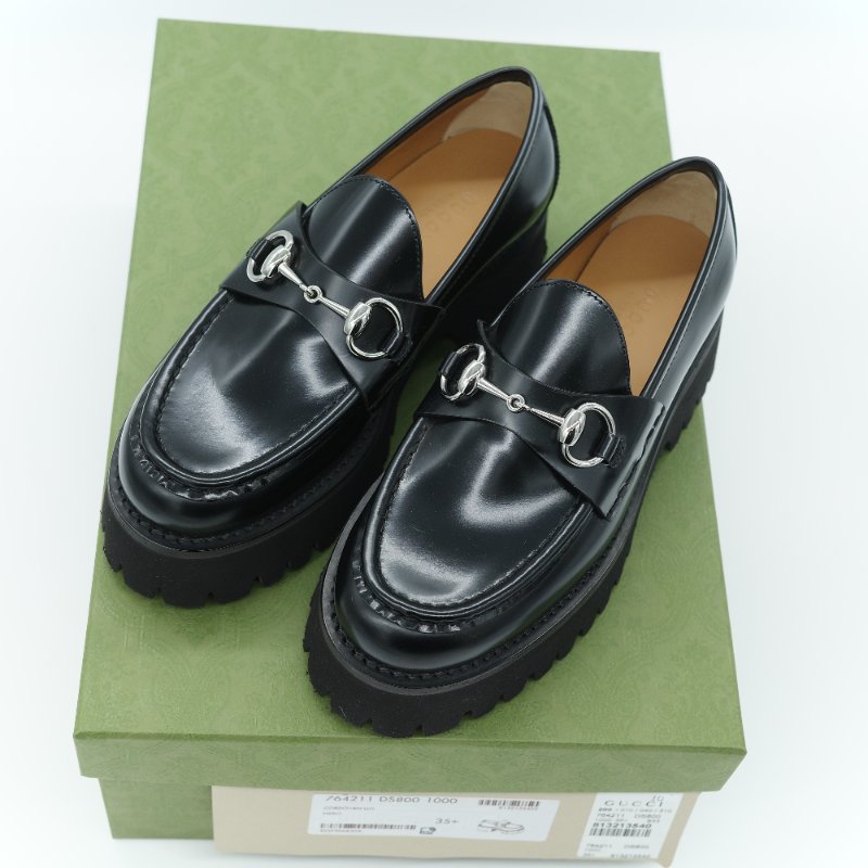 專櫃 38,000（全新♥️閒置品）Gucci 古馳 Horsebit 黑色牛皮 銀色馬銜扣 鋸齒厚底樂福鞋 EU35.5-7