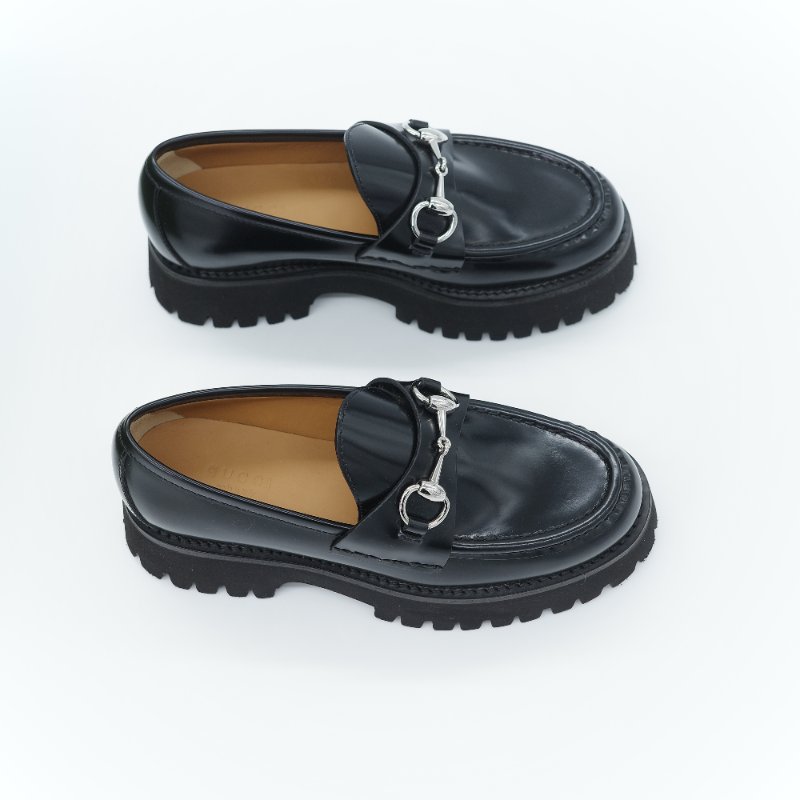 專櫃 38,000（全新♥️閒置品）Gucci 古馳 Horsebit 黑色牛皮 銀色馬銜扣 鋸齒厚底樂福鞋 EU35.5-13