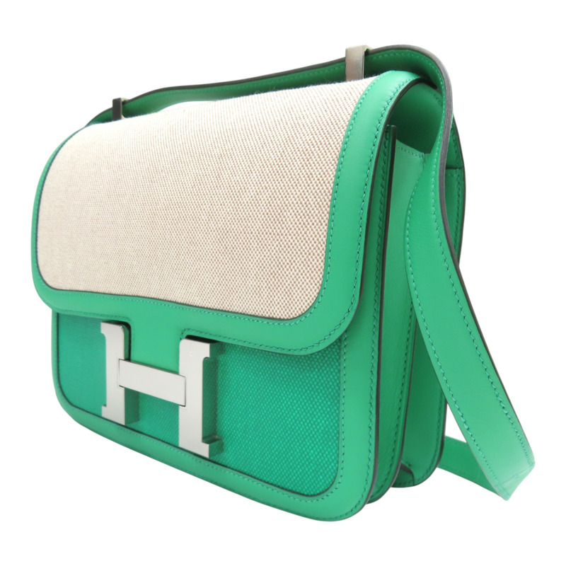 薄荷綠色 Swift牛皮 帆布 Constance 康康包 肩背包 Z刻 銀釦【HERMES 愛馬仕】-2