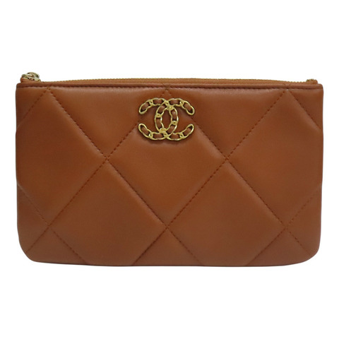 棕色 菱格紋 羊皮 CHANEL19 poach 拉鍊長夾【CHANEL 香奈兒】