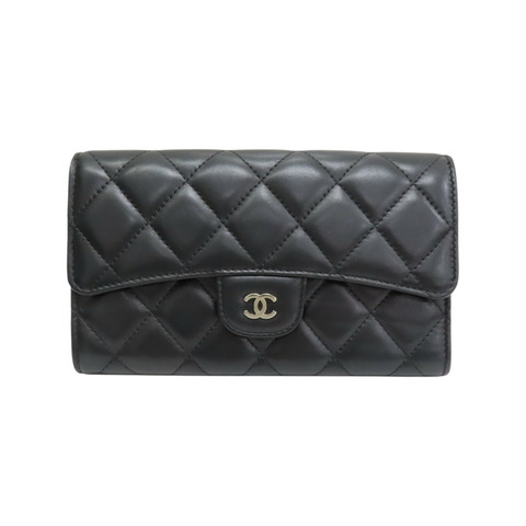 黑色 菱格紋 羊皮 Classic long wallet 銀扣 三折長夾 (無卡)【CHANEL 香奈兒】 AP0241