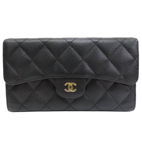 黑色 菱格紋 荔枝牛皮 釦式 三折長夾【CHANEL 香奈兒】 AP0241