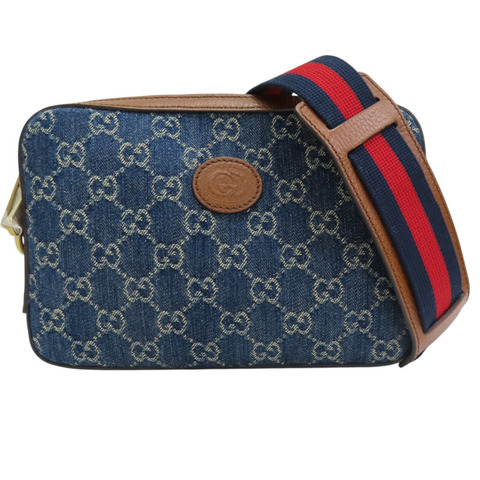 藍色單寧布 棕色牛皮飾邊 肩背包【GUCCI 古馳】 699133