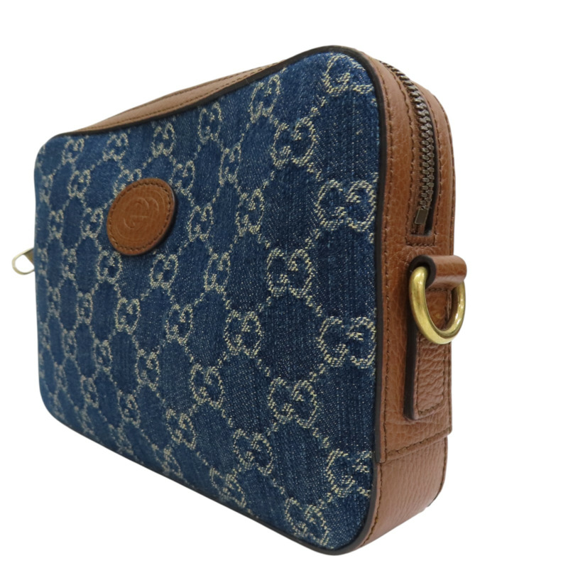 藍色單寧布 棕色牛皮飾邊 肩背包【GUCCI 古馳】 699133-2
