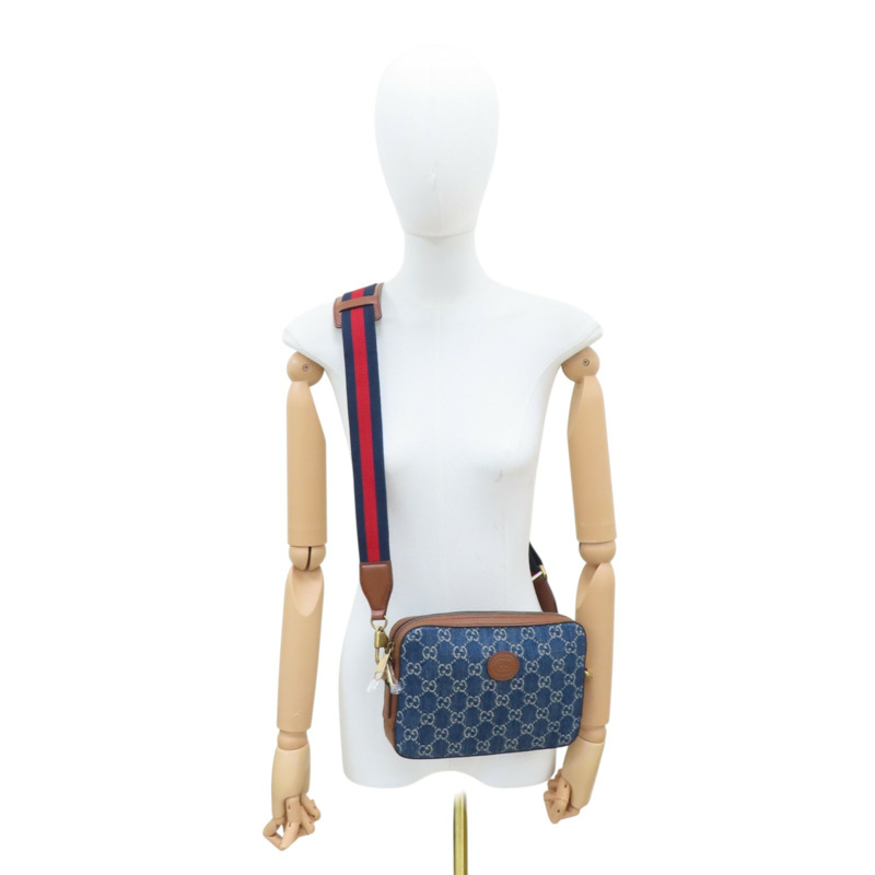 藍色單寧布 棕色牛皮飾邊 肩背包【GUCCI 古馳】 699133-7
