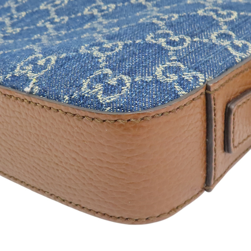 藍色單寧布 棕色牛皮飾邊 肩背包【GUCCI 古馳】 699133-9