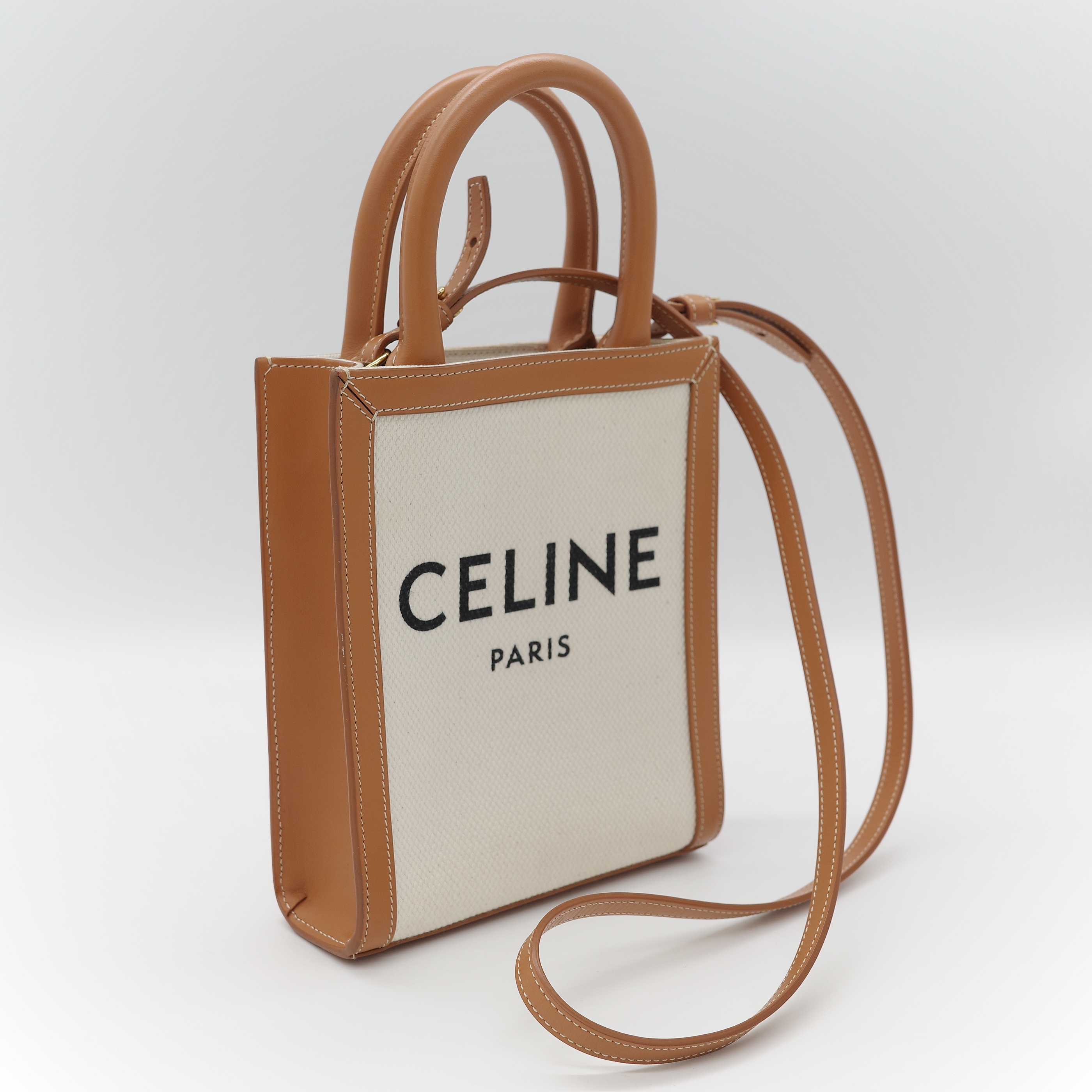 Celine 思琳 Cabas 米白色 棕色帆布牛皮 迷你直立型托特包 琴譜包 手提包 肩背包-1