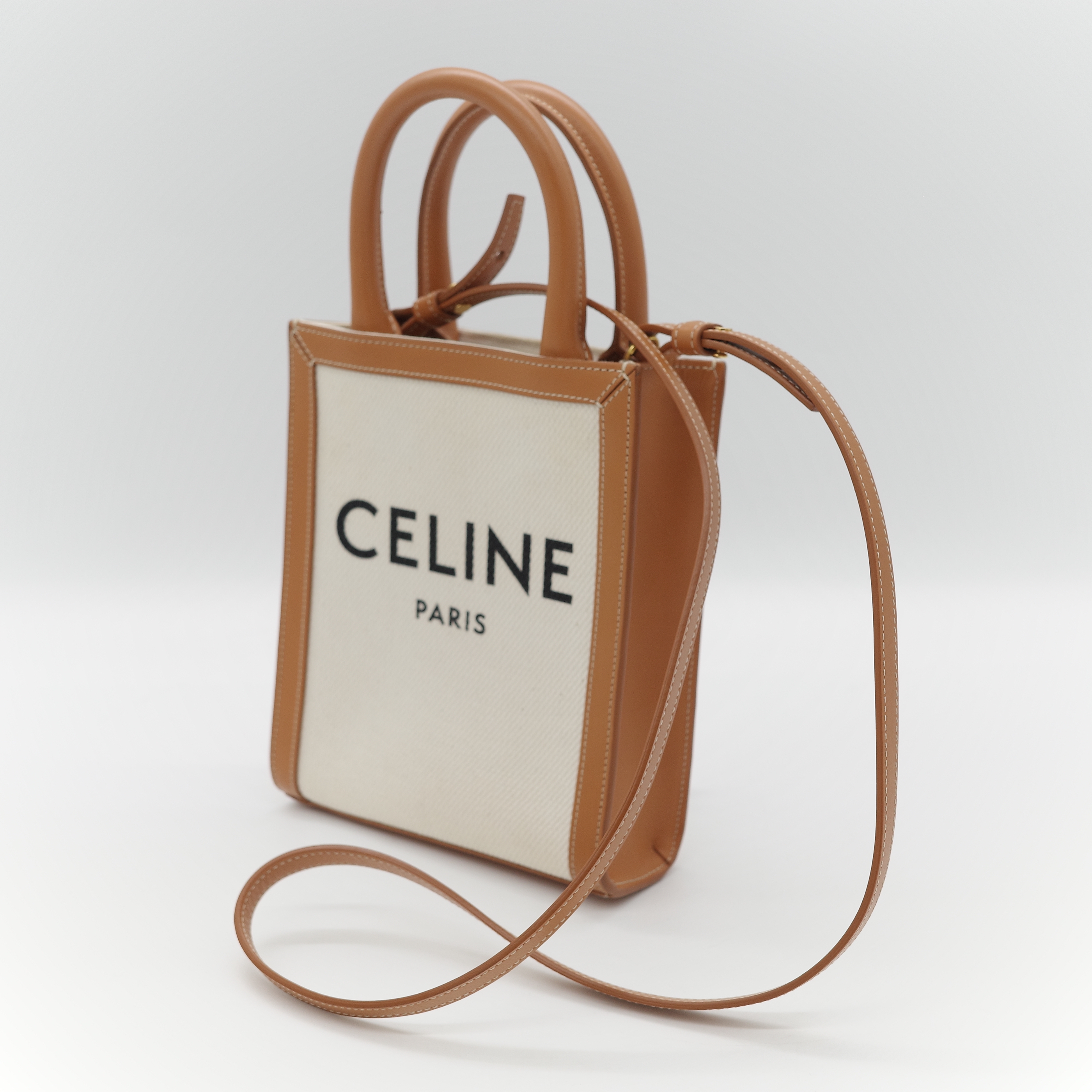 Celine 思琳 Cabas 米白色 棕色帆布牛皮 迷你直立型托特包 琴譜包 手提包 肩背包-2