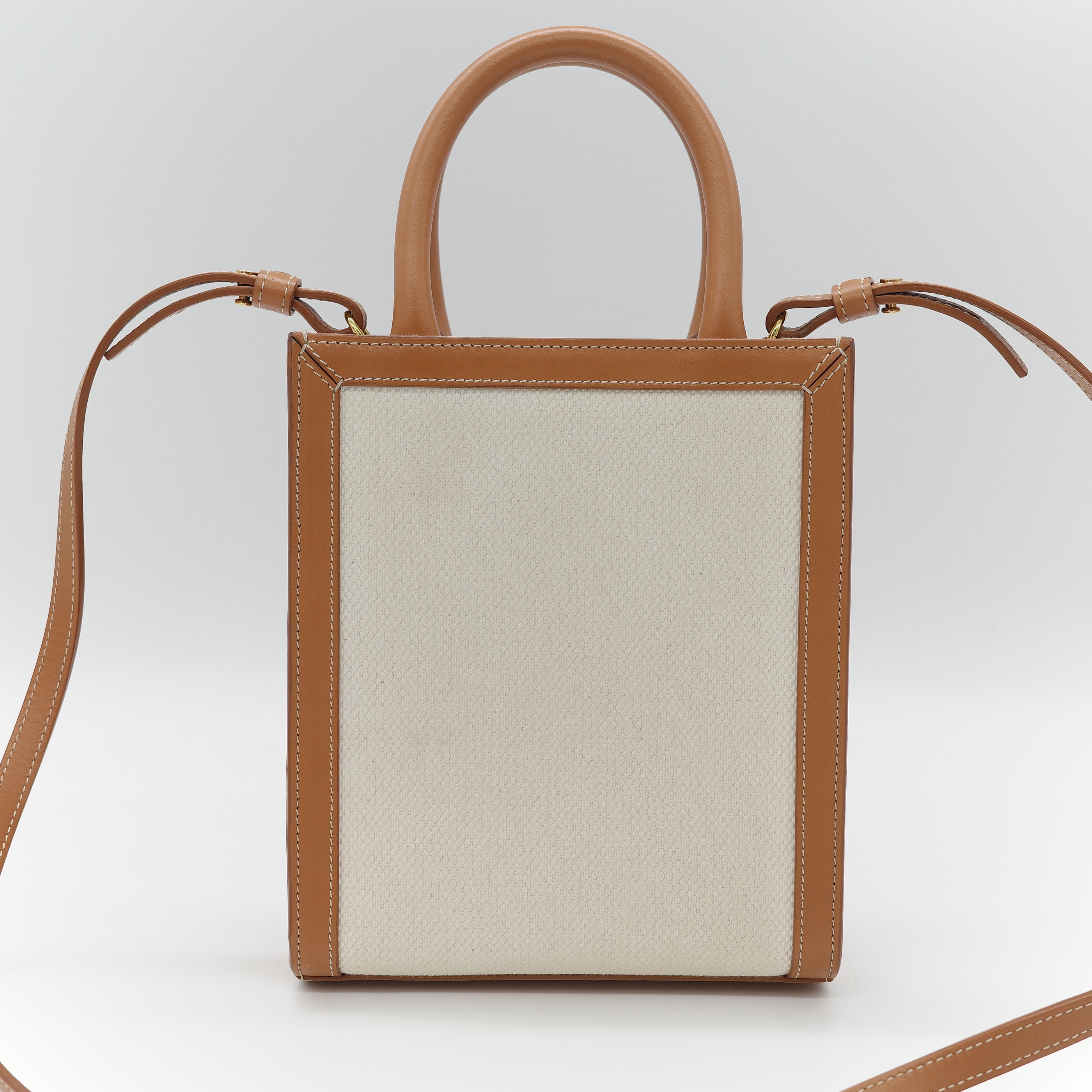 Celine 思琳 Cabas 米白色 棕色帆布牛皮 迷你直立型托特包 琴譜包 手提包 肩背包-3