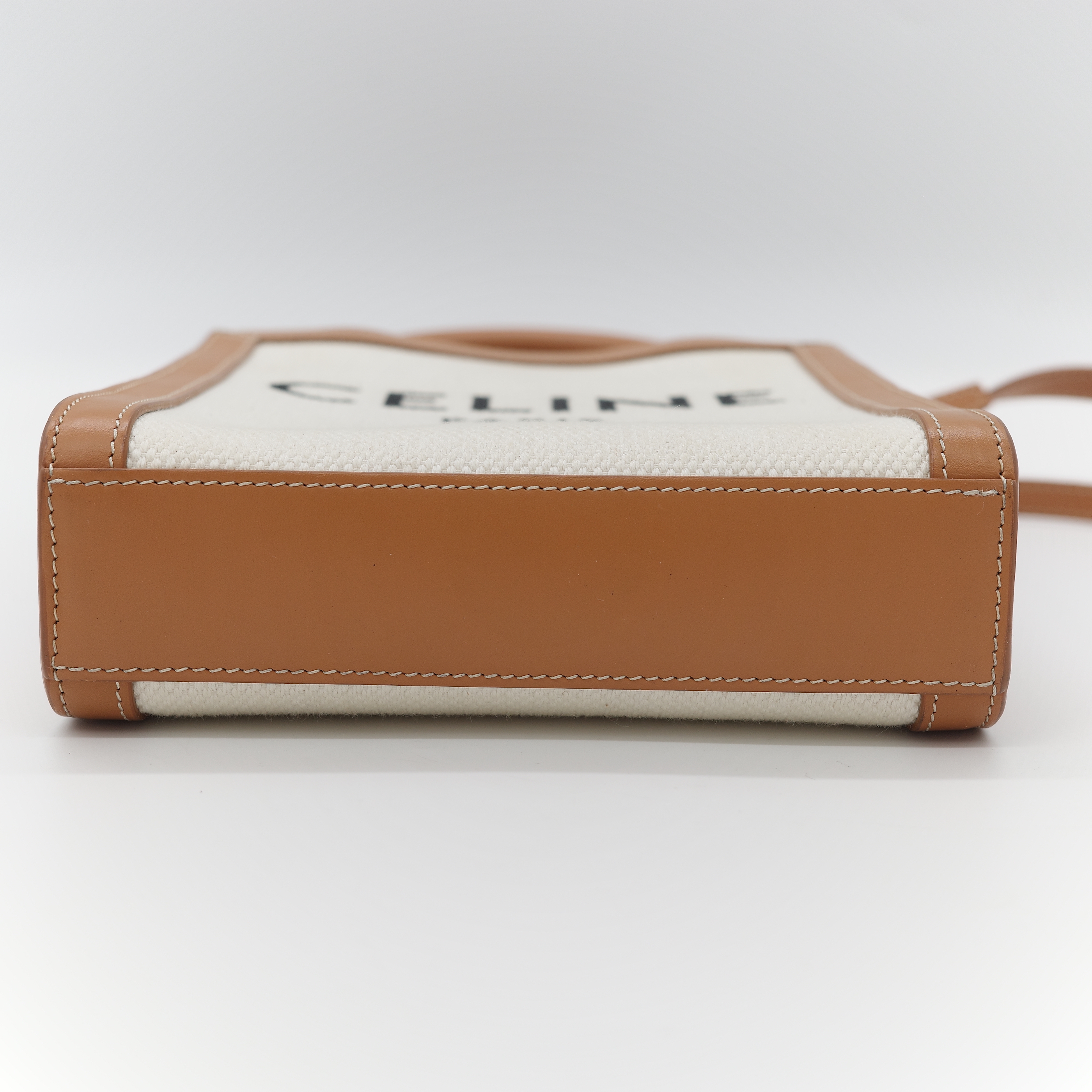 Celine 思琳 Cabas 米白色 棕色帆布牛皮 迷你直立型托特包 琴譜包 手提包 肩背包-4