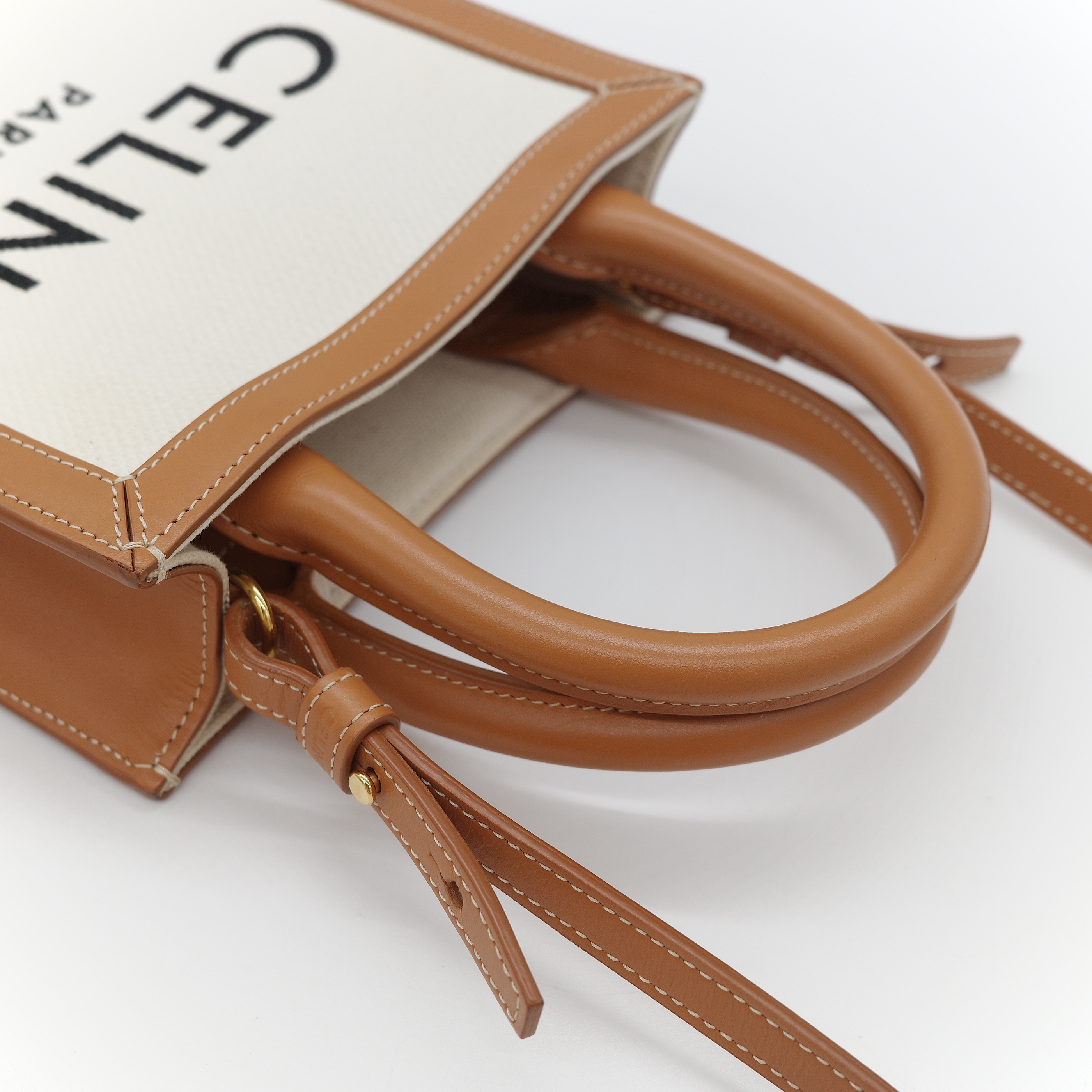 Celine 思琳 Cabas 米白色 棕色帆布牛皮 迷你直立型托特包 琴譜包 手提包 肩背包-5