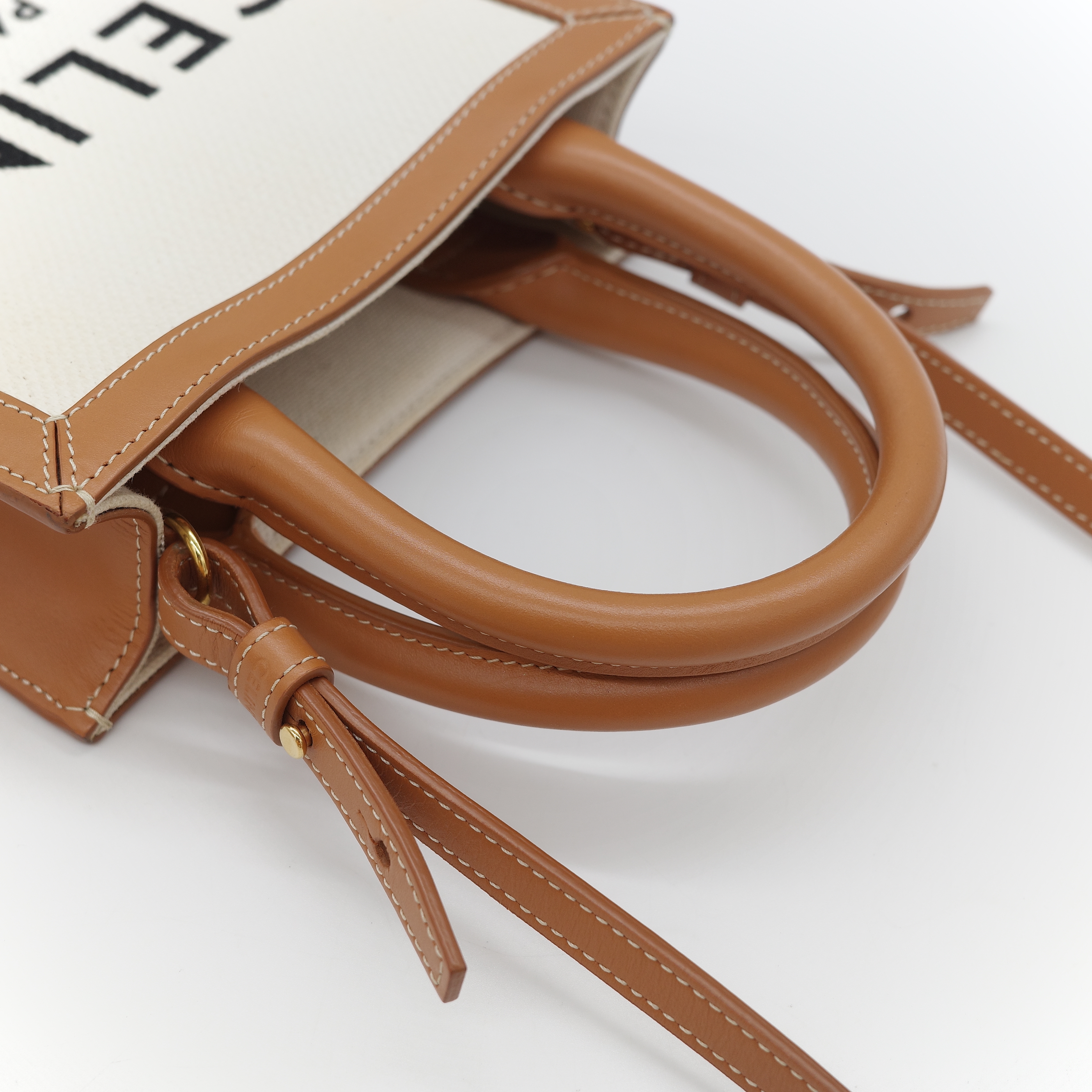 Celine 思琳 Cabas 米白色 棕色帆布牛皮 迷你直立型托特包 琴譜包 手提包 肩背包-6