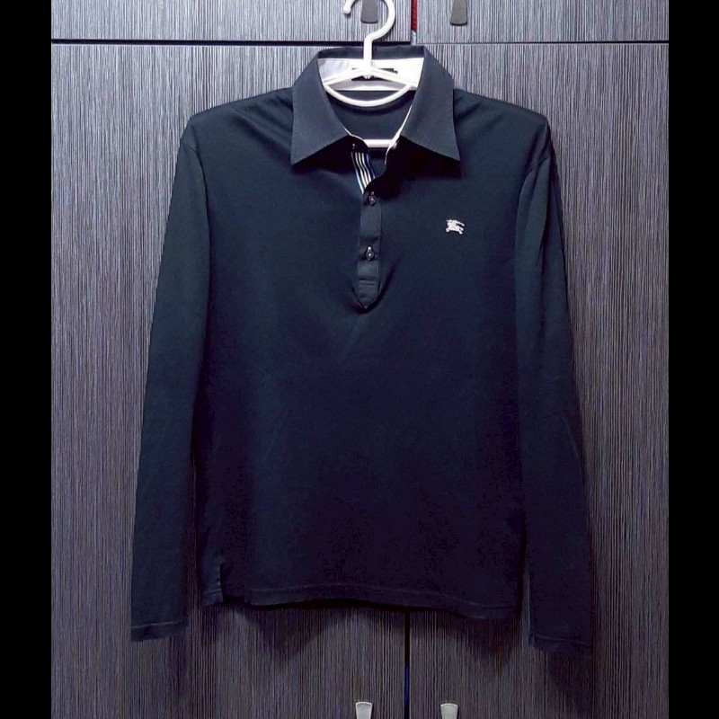 （日本製MIJ）絕版BURBERRY 博柏利 BLACK LABEL 黑標 戰馬 男黑色彈性長袖POLO衫2號-0