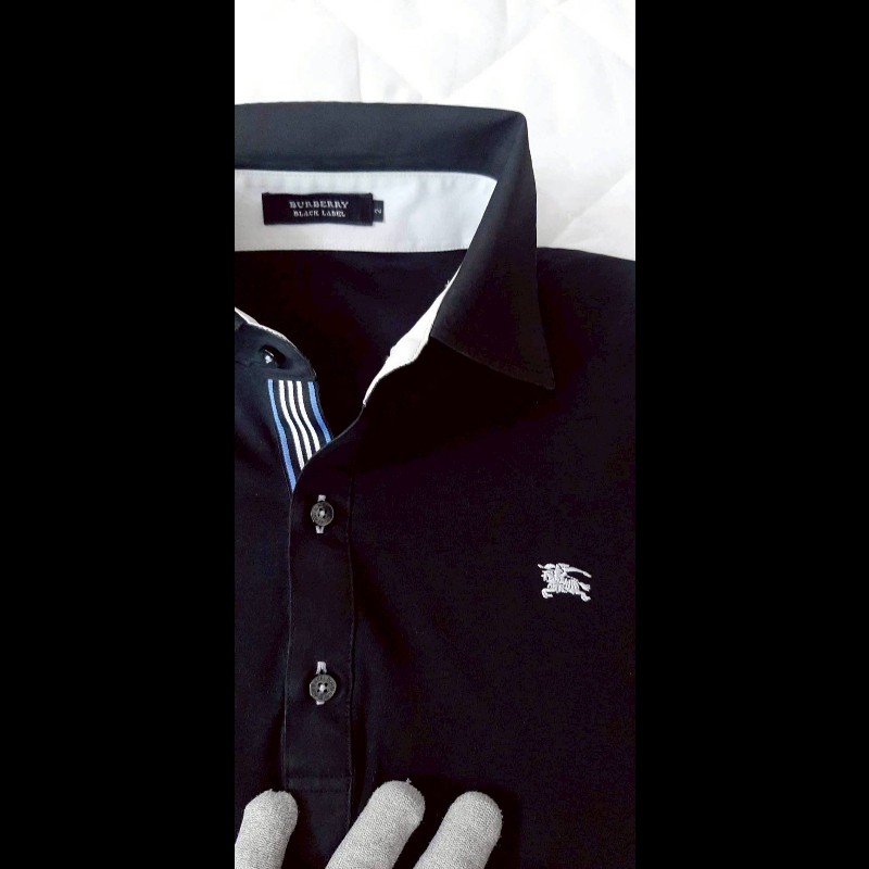 （日本製MIJ）絕版BURBERRY 博柏利 BLACK LABEL 黑標 戰馬 男黑色彈性長袖POLO衫2號-4